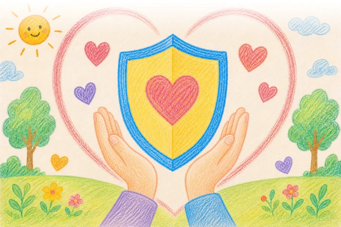 Illustrated hands holding a protective shield surrounded by hearts and nature, representing KLIS commitment to safeguarding every child