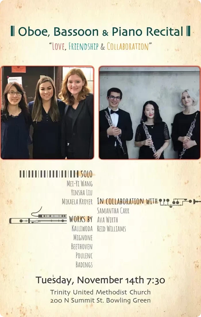 Oboe Bassoon and Piano Recital poster featuring Sasha Mei-Yi Wang and collaborators