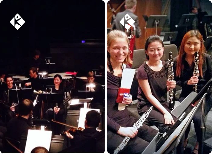 KLIS oboe teacher Sasha with fellow wind ensemble musicians after concert performance