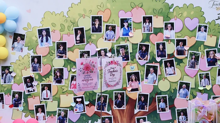 KLIS Gratitude Tree photo wall decorated with hearts, balloons and Happy Teachers' Day cards during 2026 Teacher Appreciation Week