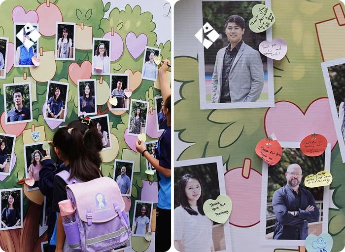 Students posting heartfelt thank-you sticky notes on the Gratitude Tree at KLIS during 2026 Teacher Appreciation Week