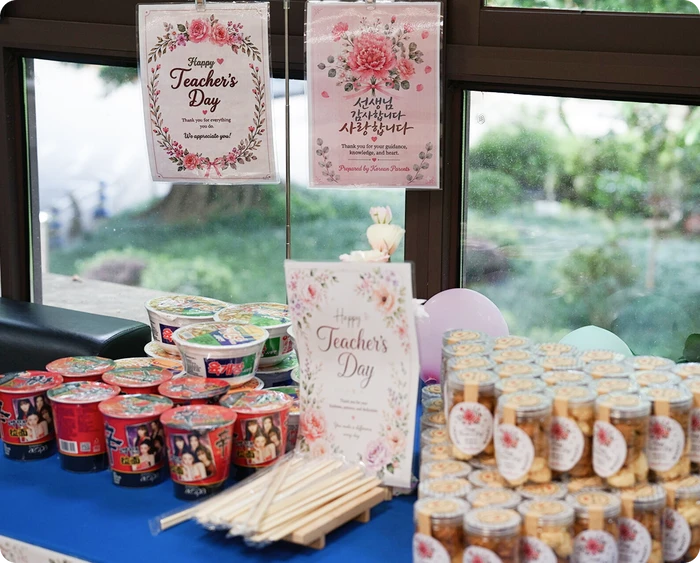 Teacher appreciation gifts, drinks and treats prepared by the KLIS PTA and senior parents for Teacher Appreciation Week